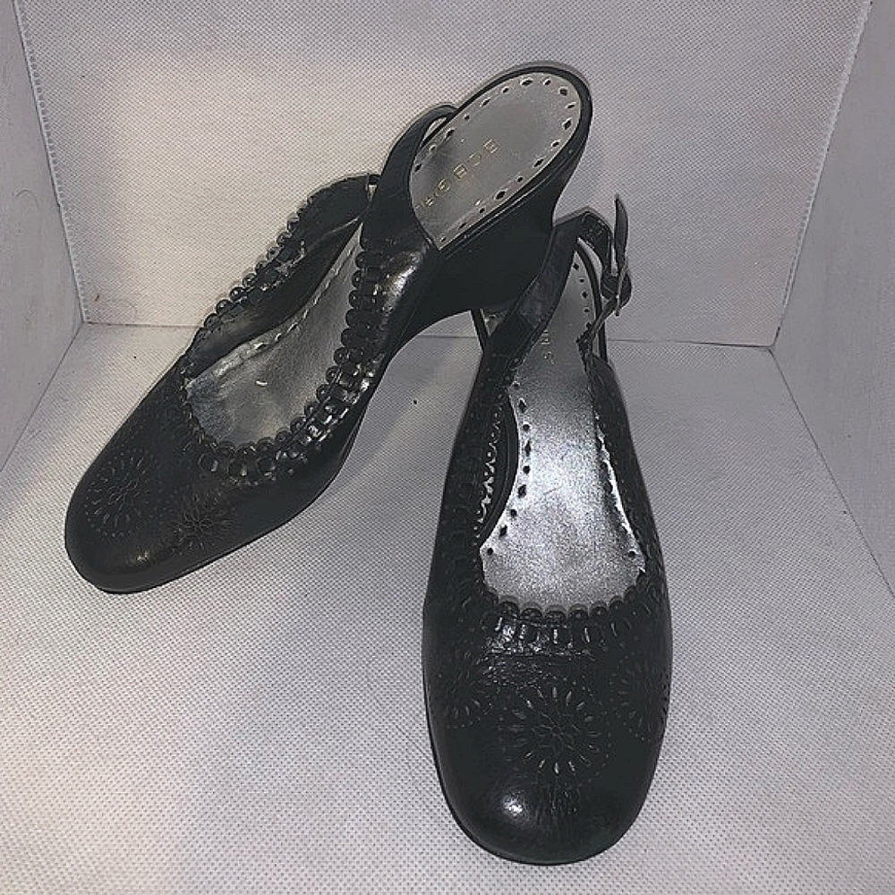BCBGIRLS Women's Black Leather Floral Slingback Wedge Pumps- 10b/ 40